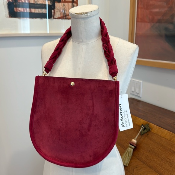 ahdorned U Shaped Braided Strap Suede Bag - Burgundy - Picture 2 of 4